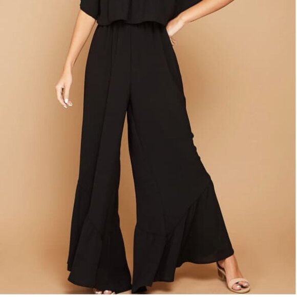 Black Off-Shoulder Wide Leg Jumpsuit – Flowy Ruffle Overlay, Elegant One-Piece - Picture 3 of 3